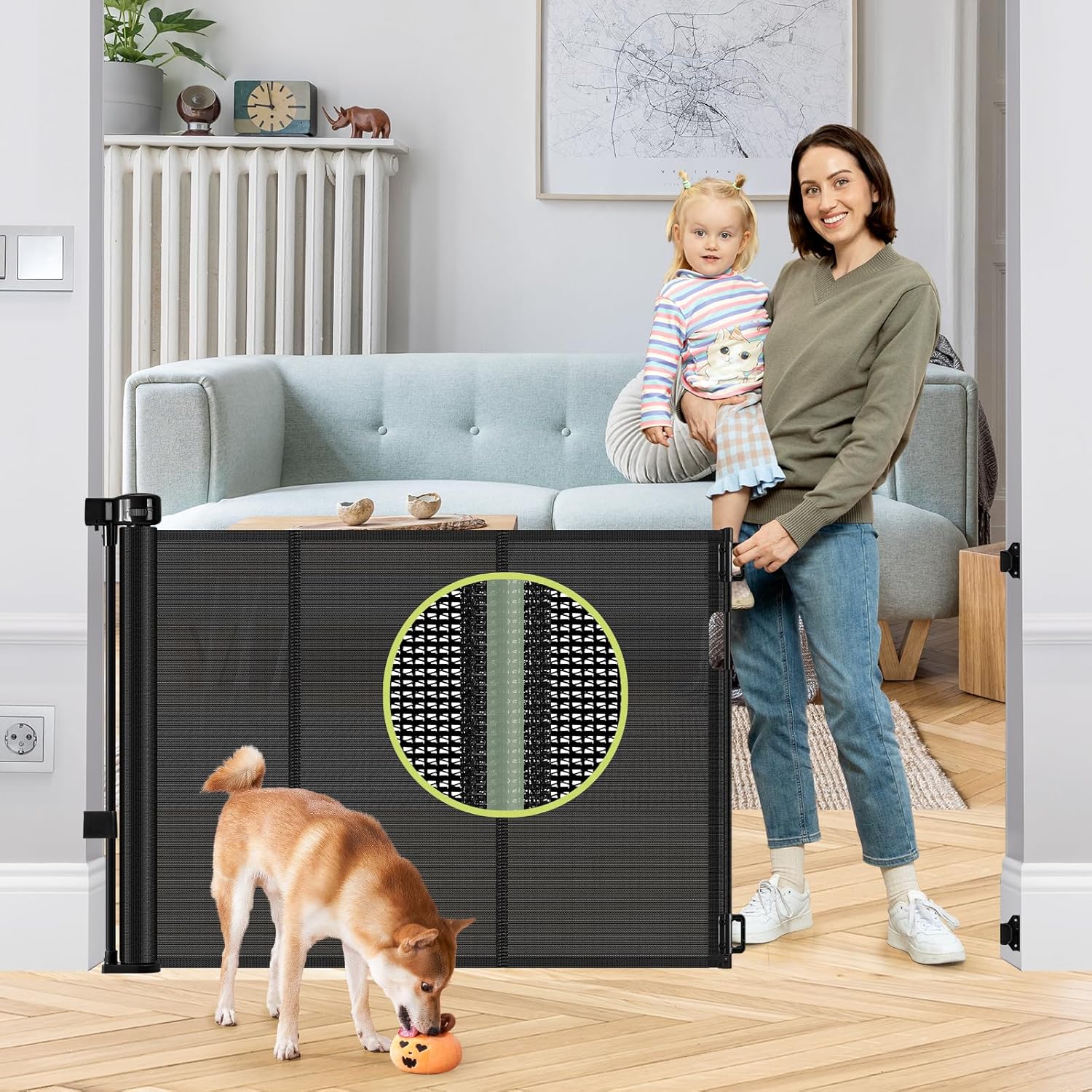 Reinforced 55" Wide Retractable Baby Gates with Reinforced Strips, Indoor/Outdoor Retractable Dog Gate for Doorway Prevent Bottom Drilling Through, No Bottom Bar Safety Mesh Baby Gate for Stair, Black Black 33" Tall x 55" Wide? With Reinforced Bar ?