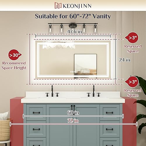 Miniatura 7 de Keonjinn Espejo de baño LED de 48 x 24 pulgadas con luz frontal y retroiluminada, 3 colores de temperatura y espejo de pared regulable, vidrio