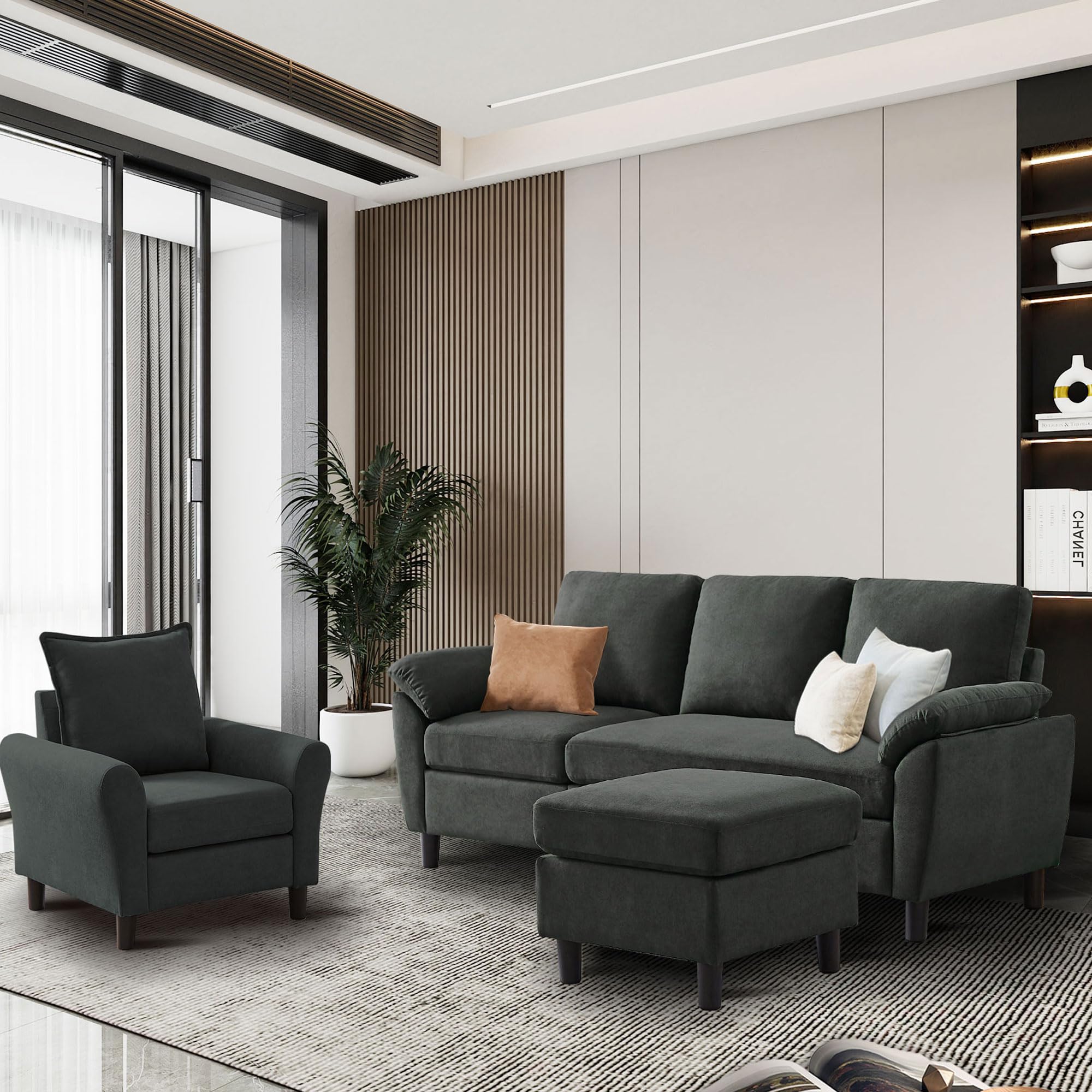79“ Convertible Sectional Sofa Set, Modern L Shaped Upholstered 3 Seat Sofa Couches with Reversible Chaise and Accent Chair for Living Room, Apartment, Black