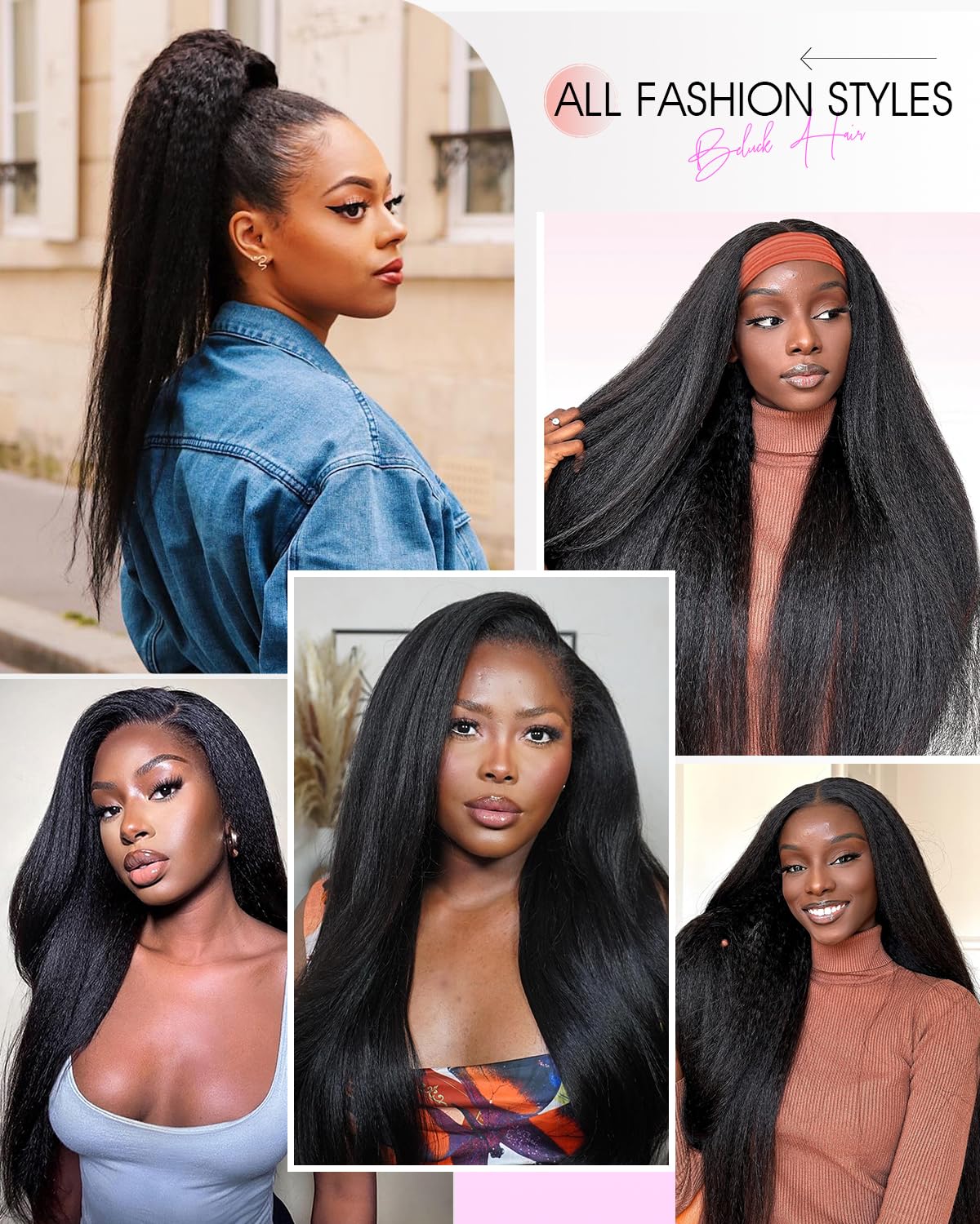 Kinky Straight Half Wig Human Hair 200 Density 3 In 1 Seamless Flip Over Half Wigs Glueless Yaki Straight Human Hair Beginner Friendly 360 Degree Flexi-fit Drawstring Headband Wig for Women 18 Inch