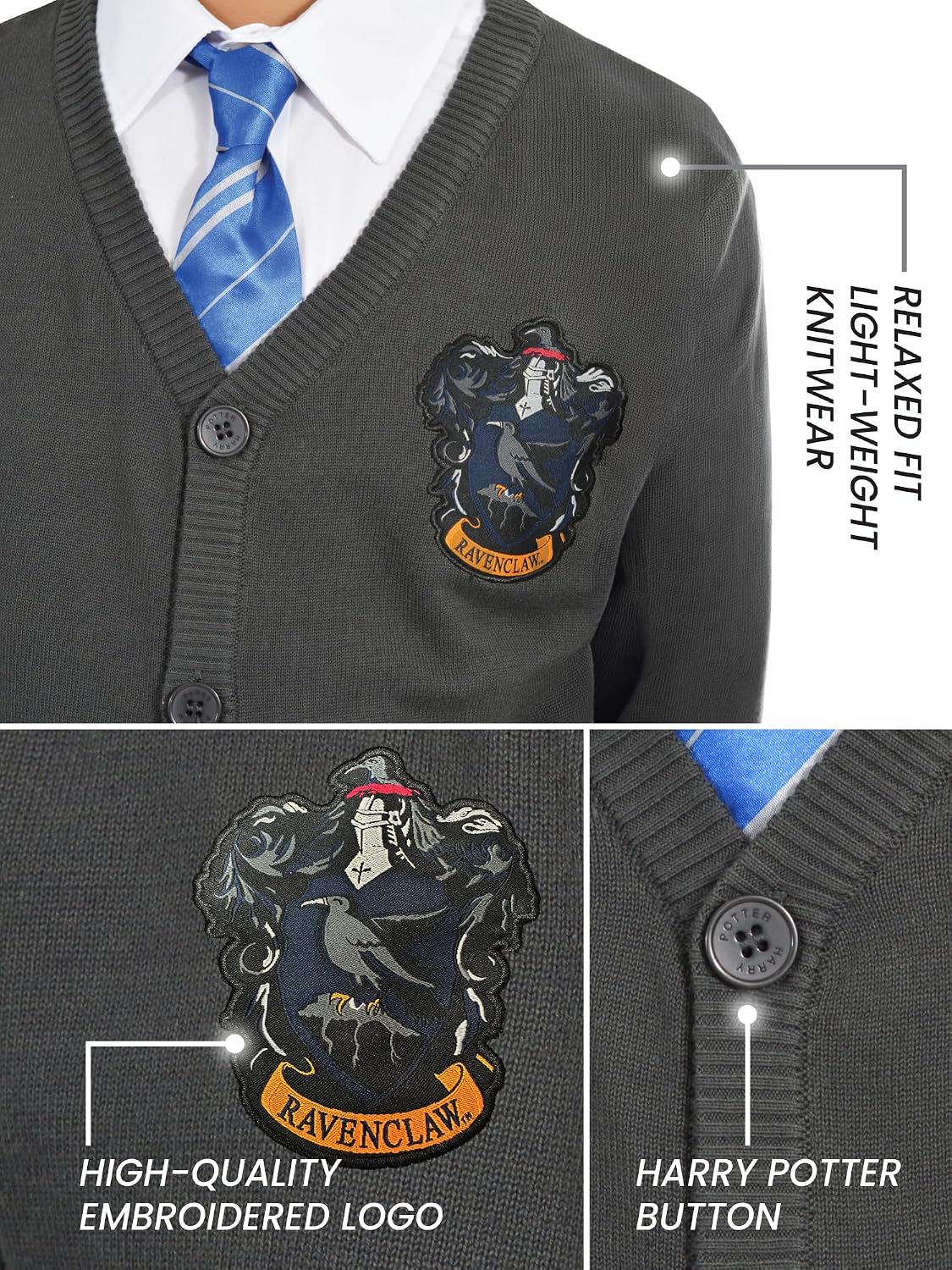 Harry Potter Ravenclaw Grey/Blue Cardigan Sweater – Hogwarts Lightweight Knit with Embroidered Logo – Unisex Youth & Juniors Large