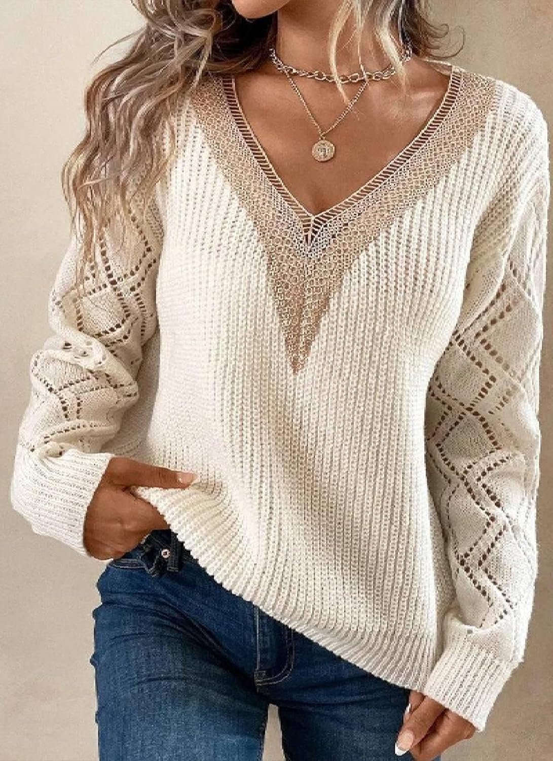 Women's White V Neck Sweater 2025 Fall Winter Long Sleeve Hollow Out Tunic Pullover Tops Casual Knitwear Fashion Clothes - Image 2