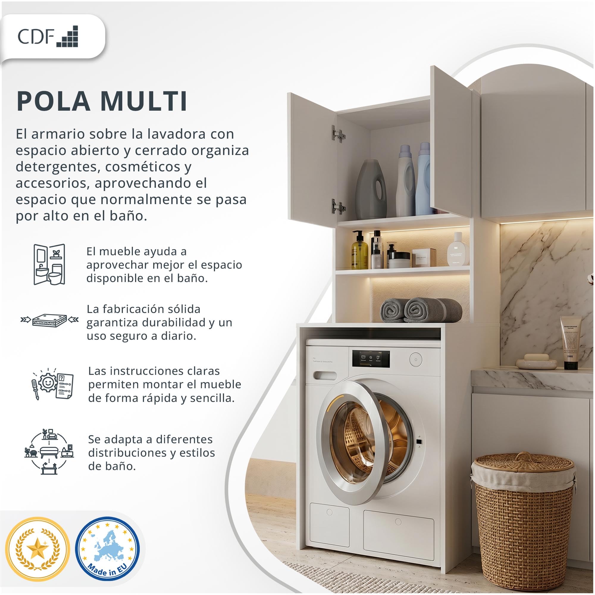 CDF Armario de baño poste para lavadora y detergentes - Estante de baño de lavandería - Muebles para accesorios de baño Medidas de limpieza funcional práctico - Ahorro de espacio - Campos Blancos