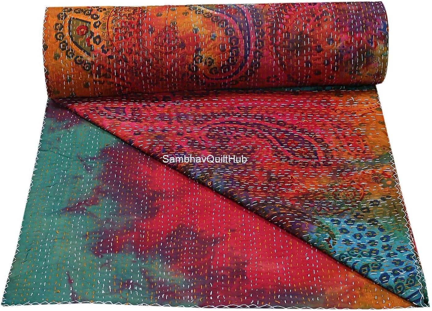 Queen/Twin/King Handmade Multi Tye Dye Paisely Print Quilting Screen Print Kantha Quilt Kantha Bed Cover Kantha Bedspread Bohemian Bedding Kantha Blanket Throw (60X90 inches)