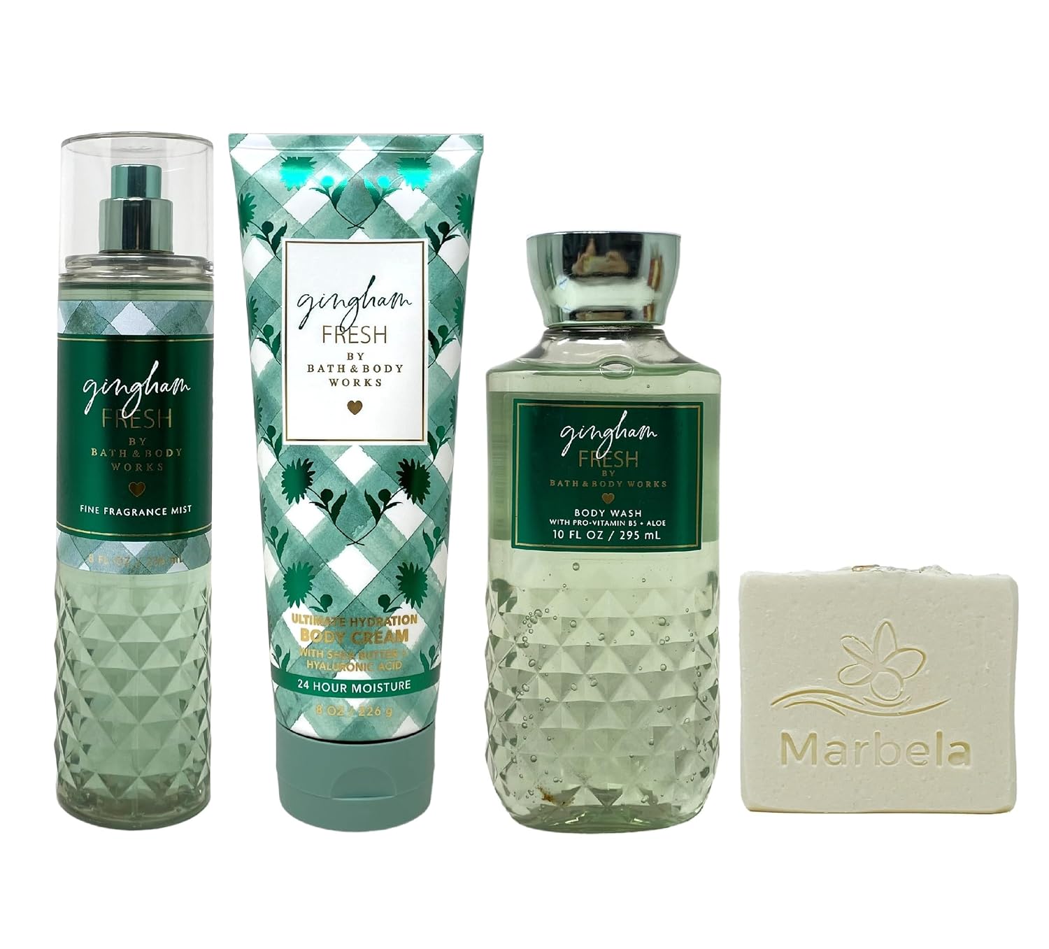 Bath & Body Works Gingham Fresh 3 Piece Gift Set - Fragrance Mist - Body Cream and Body Wash - with a Natural Oats Bar Soap - Full Size