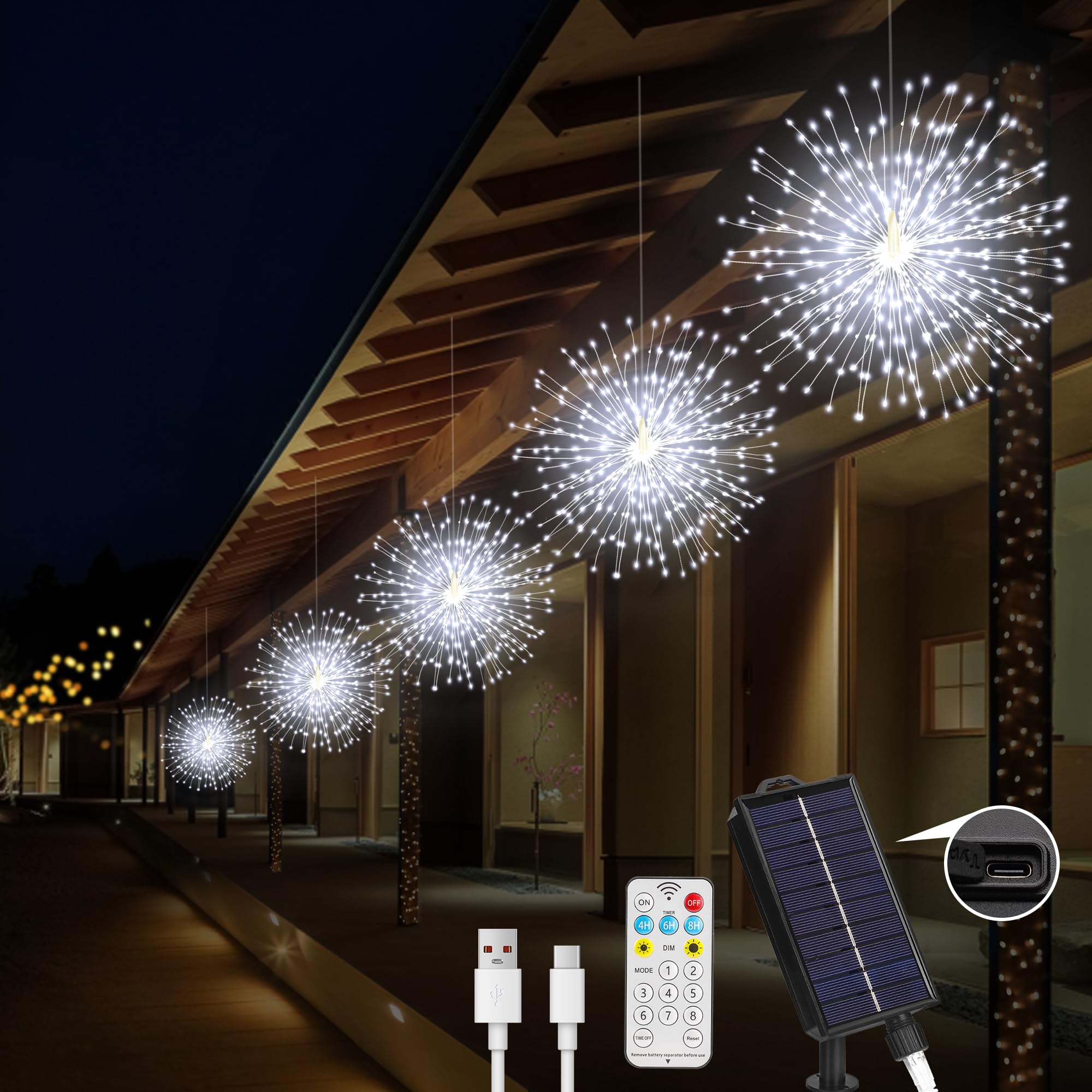 Solar-Feuerwerk-Lichter für den Außenbereich, 5 Stück, 1000 LEDs, Solar-Starburst-Lichter mit Fernbedienung, 8 Modi, dimmbar, wasserdicht, hängende Lichterkette für Garten, Terrasse, Urlaubsdekoration