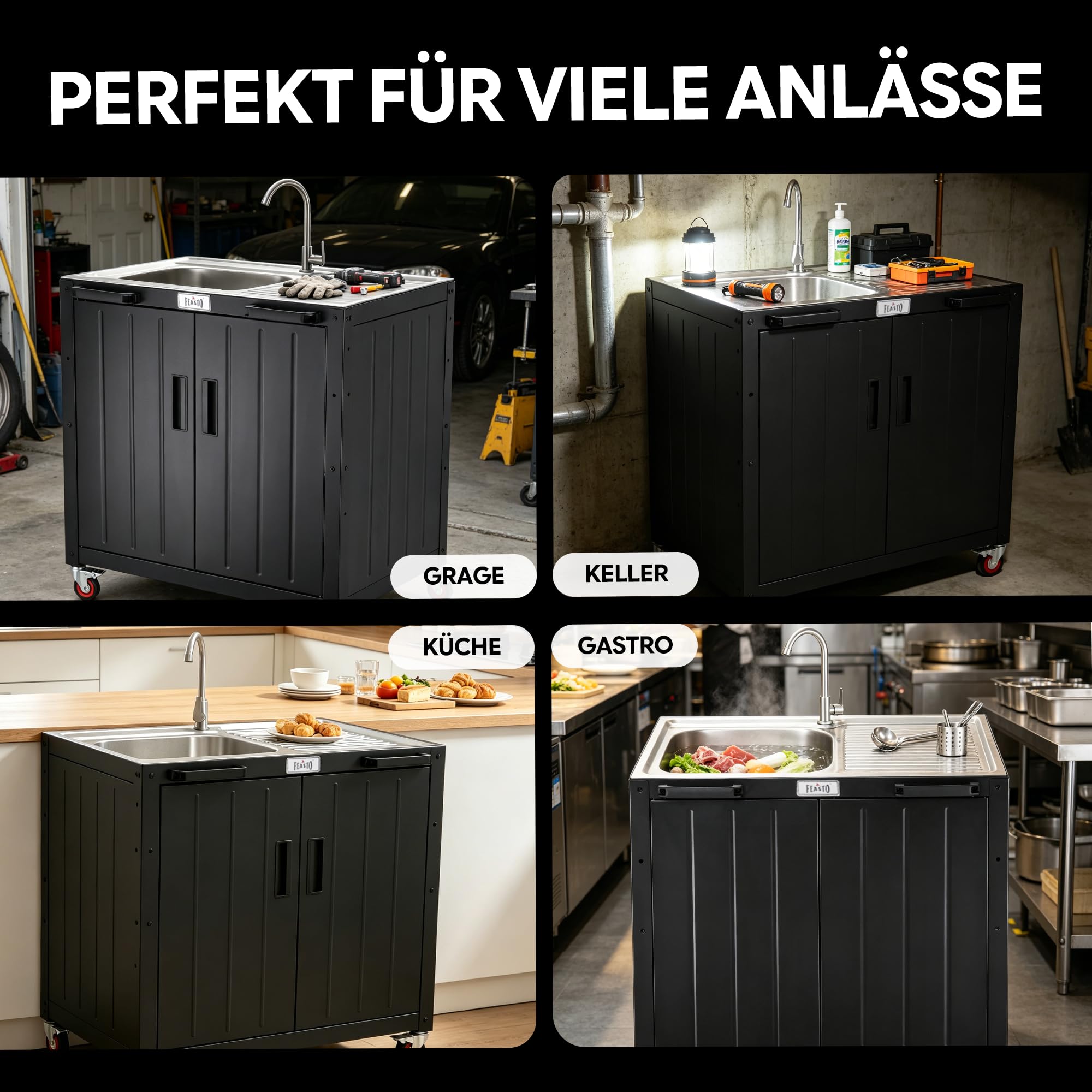 Outdoor Küche Spüle mit unterschrank Ausgussbecken Spülbecken | 89,5x65x120 cm Outdoor Grillwagen mit freistehendem Spülbecken, Schrank, Edelstahlplatte, für Außenküche, Gastro, Garage