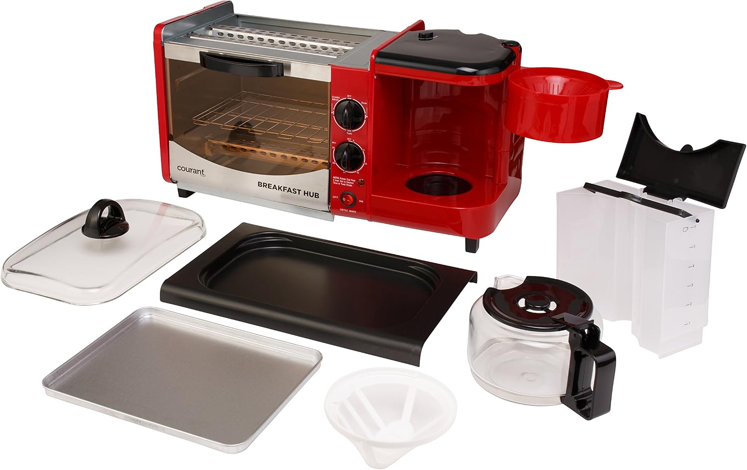 Courant CBH-4601R 3-in-1 Multifunction Breakfast Hub (4 Slice Toaster Oven, Large 10'' Diameter Griddle Pan, Multi Cup Coffee Maker), Red