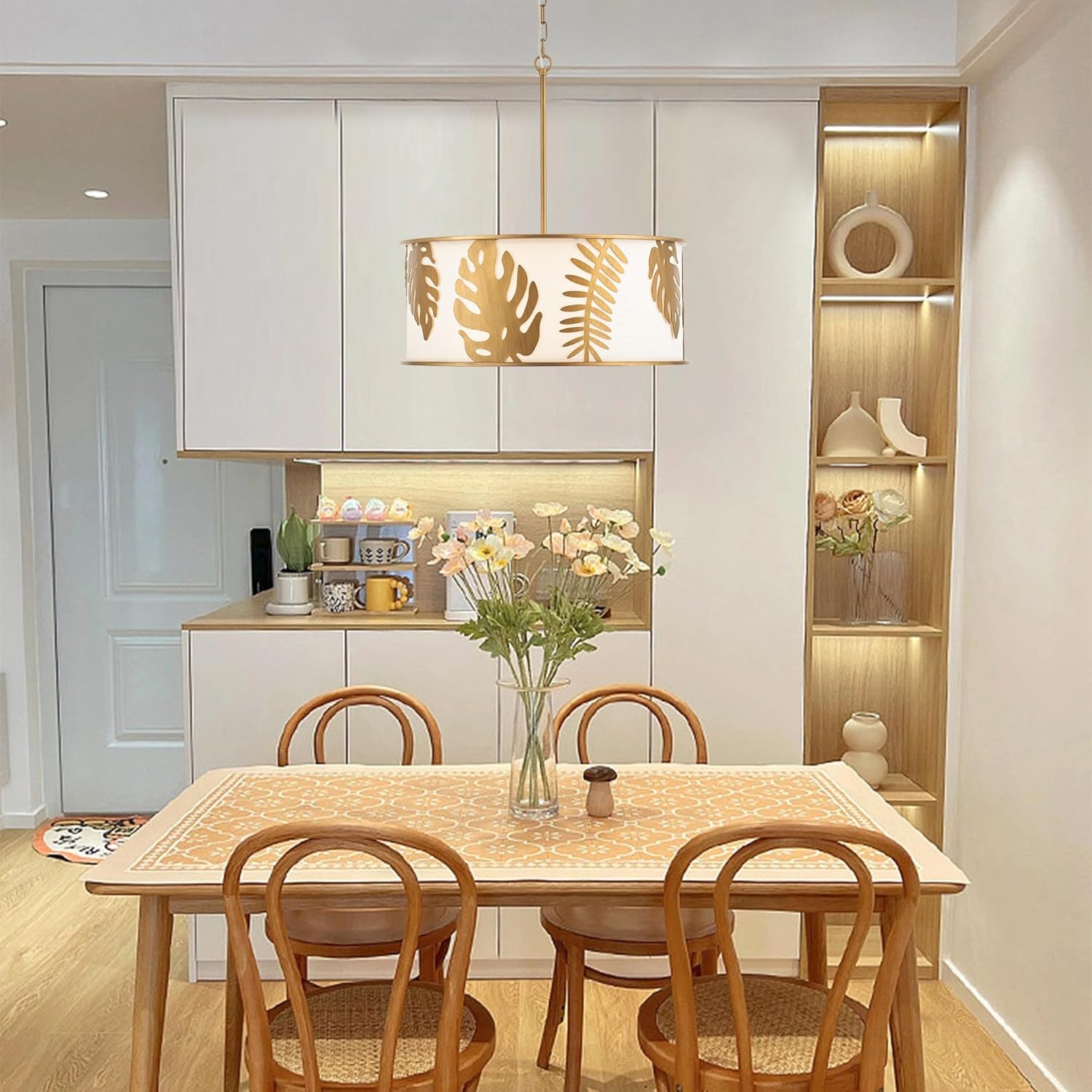 Modern Gold Chandeliers Large Fabric Drum Chandeliers 24" Round Ceiling Pendant Light Fixture with Chain Adjustable for Dining Room Bedroom Foyer Kitchen