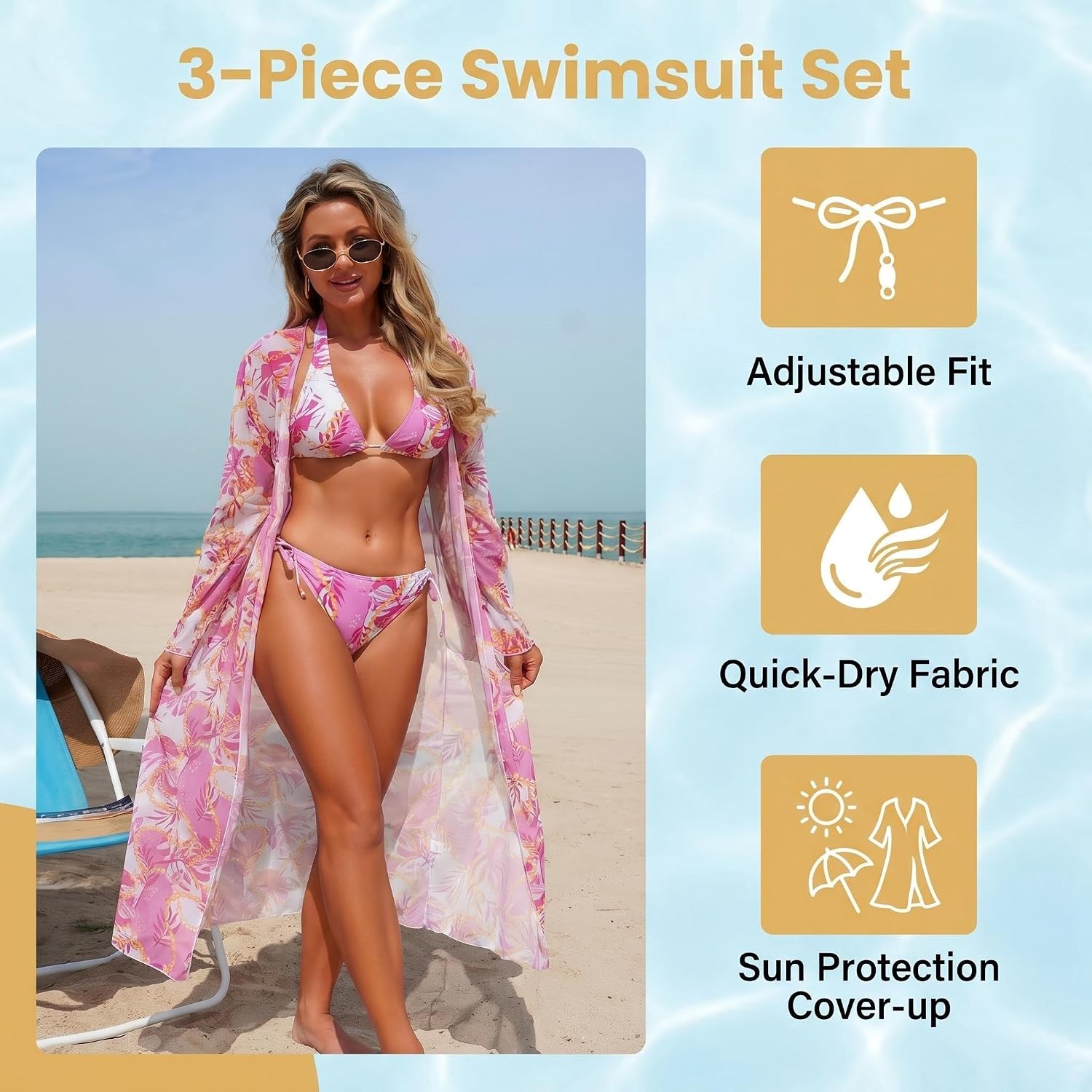 Women's 3 Piece Tropical Print Bikini Set with Cover Up Halter Triangle Swimsuit Long Sleeve Chiffon Kimono Beachwear