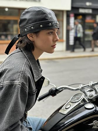 Leather Skull Hat - Strappy Black Rider Skull Hat, Motorcycle Leather Hat, Suitable for Everyday Wear and Street Style