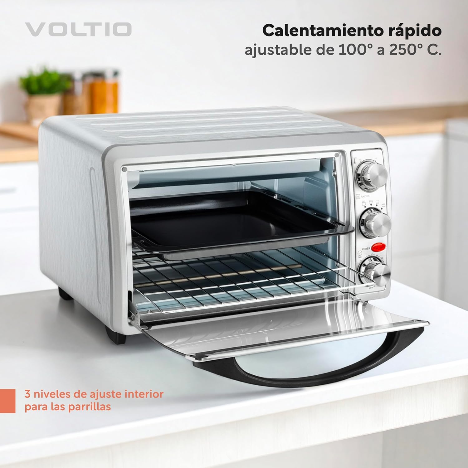 VOLTIO 24 Liter Electric Toaster Oven showing the interior with a baking tray and the three rack levels.