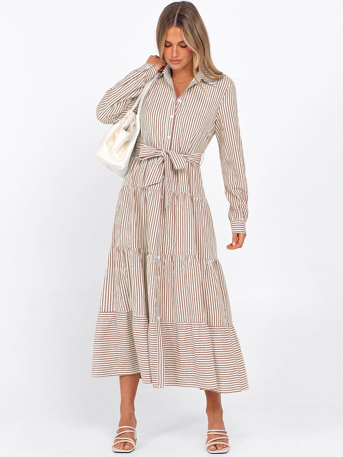 Caracilia Women Long Sleeve Maxi Dress 2026 Spring Casual Button Down Striped Plaid Tie Waist Shirt Dresses Vacation Outfits - Image 3