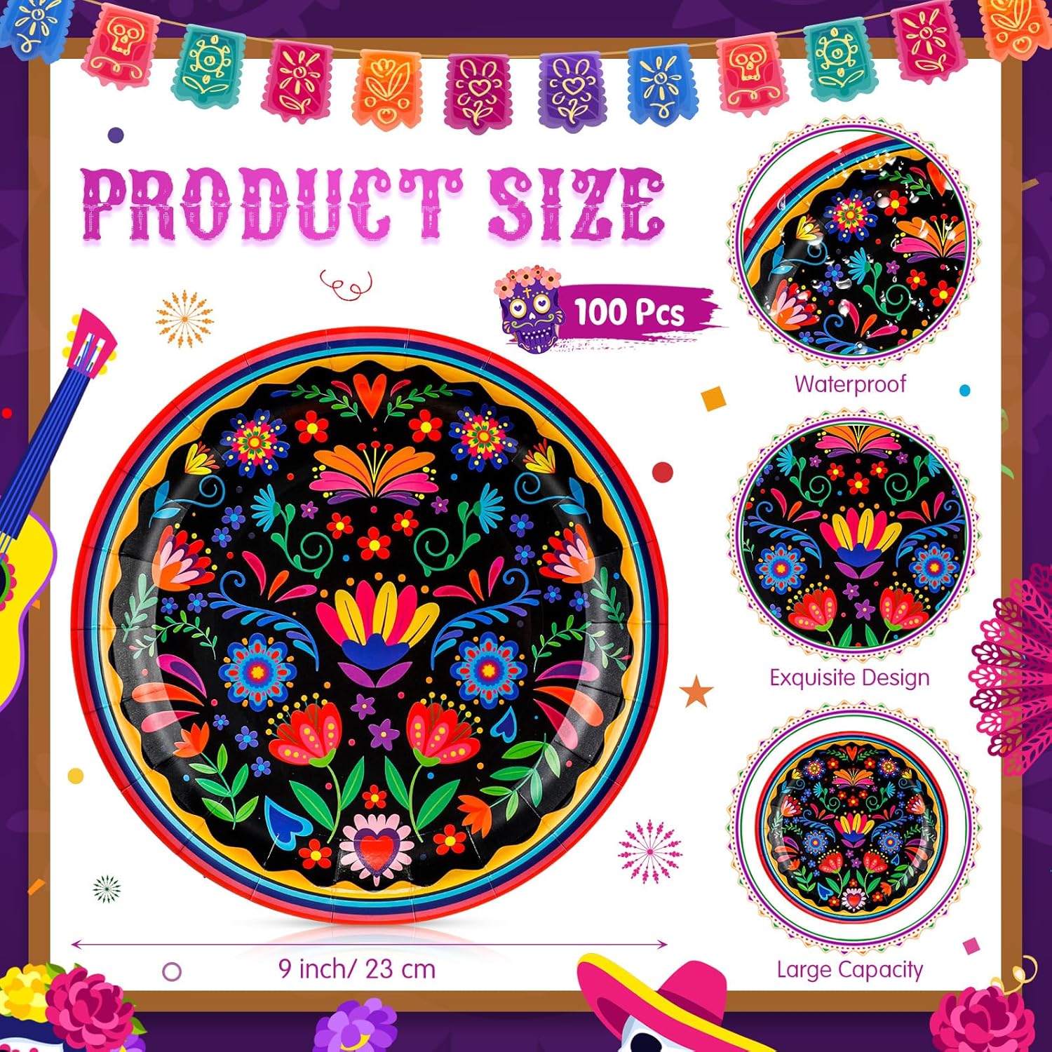 FillTouch 100 Pcs Mexican Floral Paper Plates 9 Inch Cinco De Mayo Disposable Cake Dessert Dinner Plates for Mexican Cielito Lindo Baby Shower Fiesta Birthday Party Decorations Supplies
