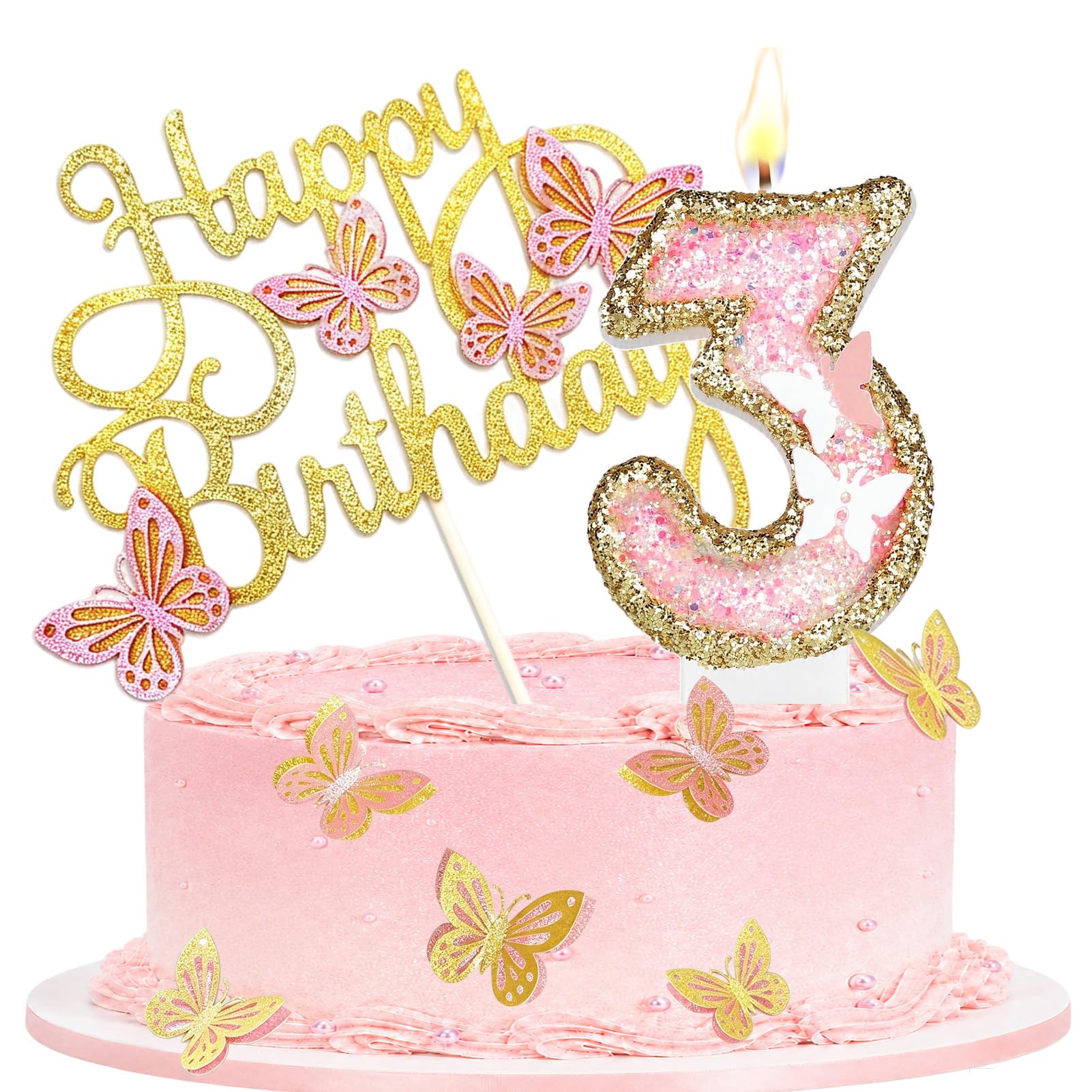Birthday Candle with Pink Gold Butterfly Cake Topper for Party, Number 3