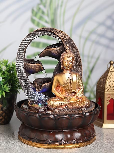 VIVARS Lord Buddha Tabletop Waterfall Fountain Meditation 4 Tier Relaxing Indoor Decoration Lord Budha Ji Waterfall Kit with LED Light for Home Office Decor Golden-Brown