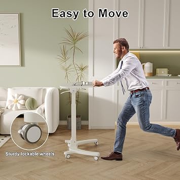 BONTEC Mobile Foldable Standing Desk, Portable Adjustable Height Desk with Gas Spring, Small Rolling Laptop Desk with Wheels for Home, Office, Bedroom, and Medical Use, 25.6 x 19.7 Desktop, White