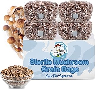 Surfin' Spores 4-Pack Mushroom Grain Bags | 1lb Sterile Grain Spawn Bags for Growing w/Self-Healing Injection Port | Milo Grain Infused w/Oyster Shell and Gypsum (4-Pack)