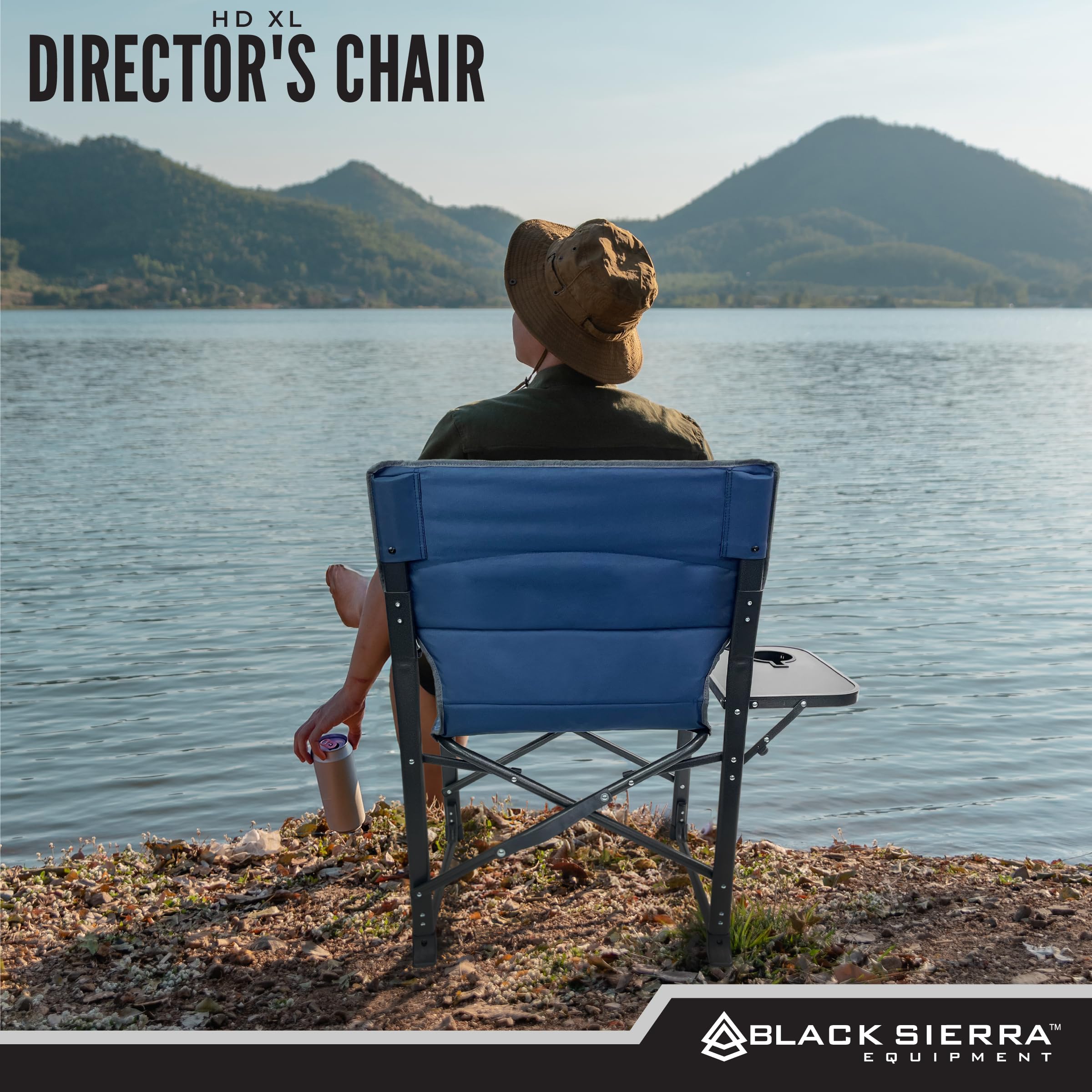 XL Directors Chair With Foldable Side Table, Heavy Duty Camp Chair Supports 400 Lbs, Oversize Outdoor Folding Seat With High Back And Padded Armrests