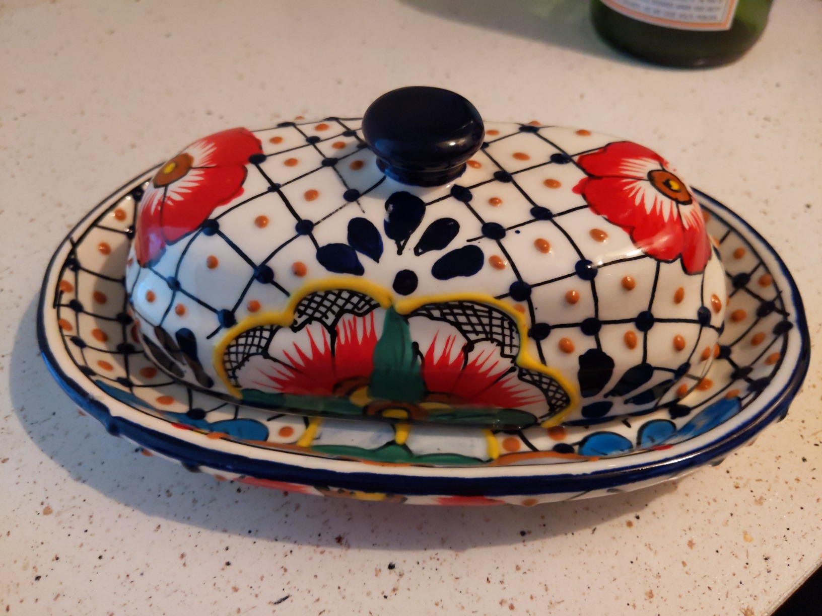 Encantada Handmade Pottery Butter Dish – Black & White Traditional Mexican Ceramic, 7.5x5 Inches