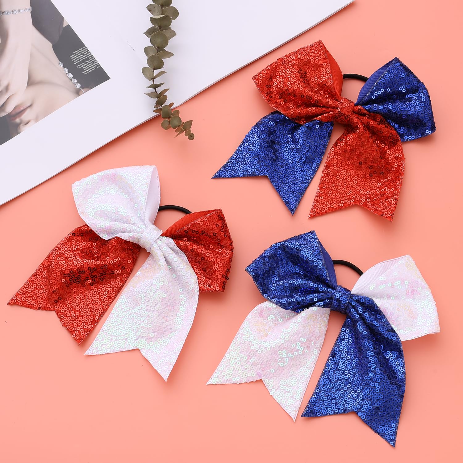 16 PCS Large Glitter Cheer Hair Bows, Shiny Cheerleading Bows Ponytail Holder for Cheerleader Girls Softball Sports and Christmas Tree Decor (Red Blue)