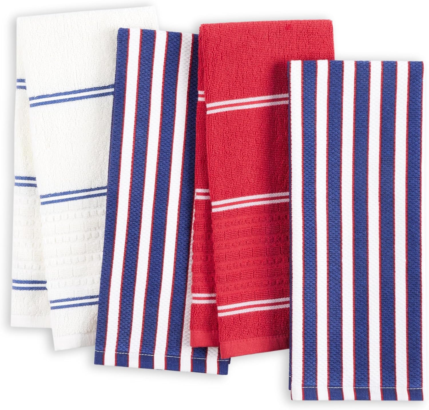 kate spade new york Botanical Stripe Kitchen Towels 4-Pack Set, Absorbent 100% Cotton, Navy Blue/Red, 17"x28"