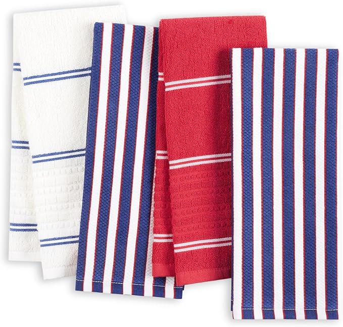 kate spade new york Botanical Stripe Kitchen Towels 4-Pack Set, Absorbent 100% Cotton, Green/Pink, 17"x28"