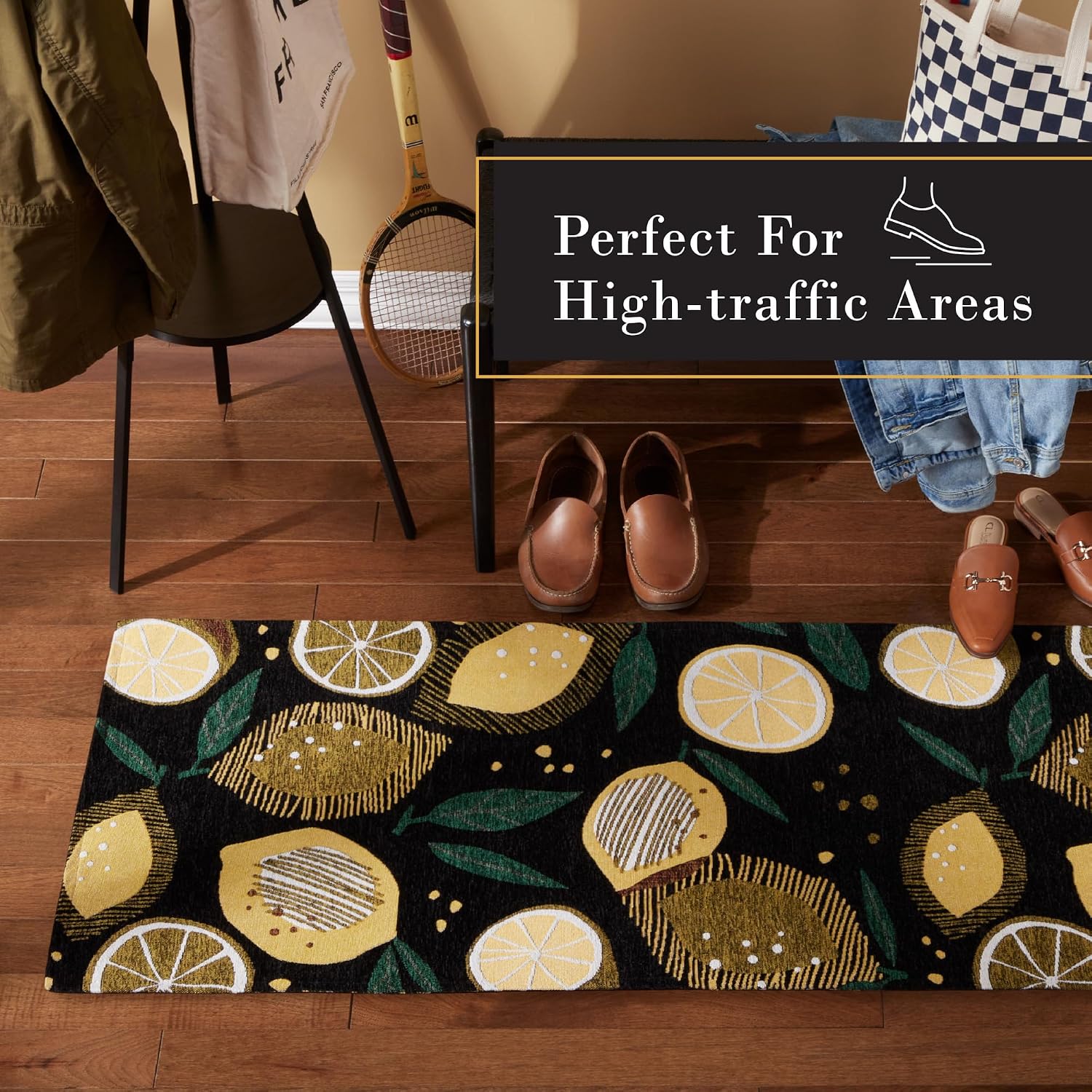 TOWN & COUNTRY LUXE Livie Fresh Lemon Everwash® Washable Multi-Use Decorative Rug, Kitchen Rug, Low-Profile Door Mat, Bedroom Rug and Dorm Room Rug with Non-Slip Backing, Black, 24"x40"