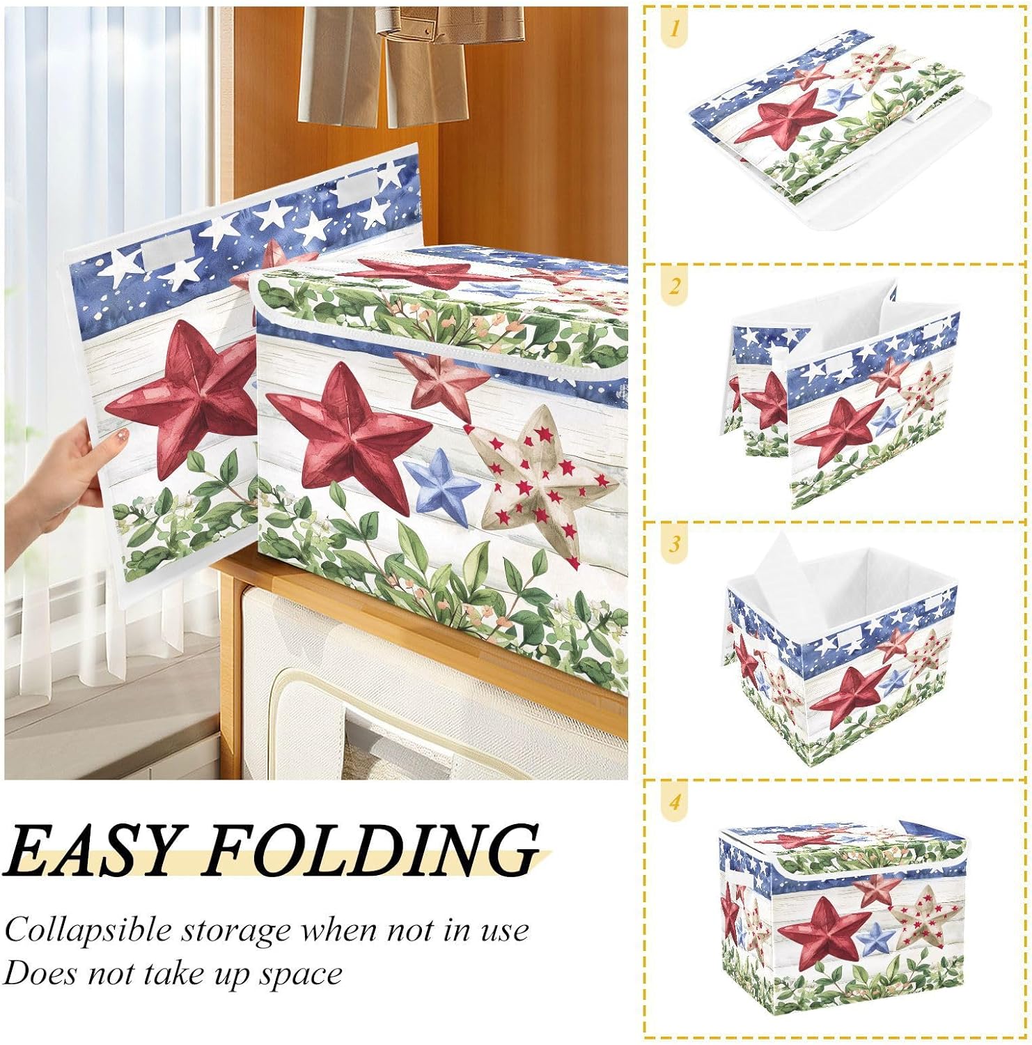 senya July Fourth Baskets Collapsible Storage Bins with Lids, American Flag Stars Storage Boxes Clothes Baskets for Organizing, B06D22020