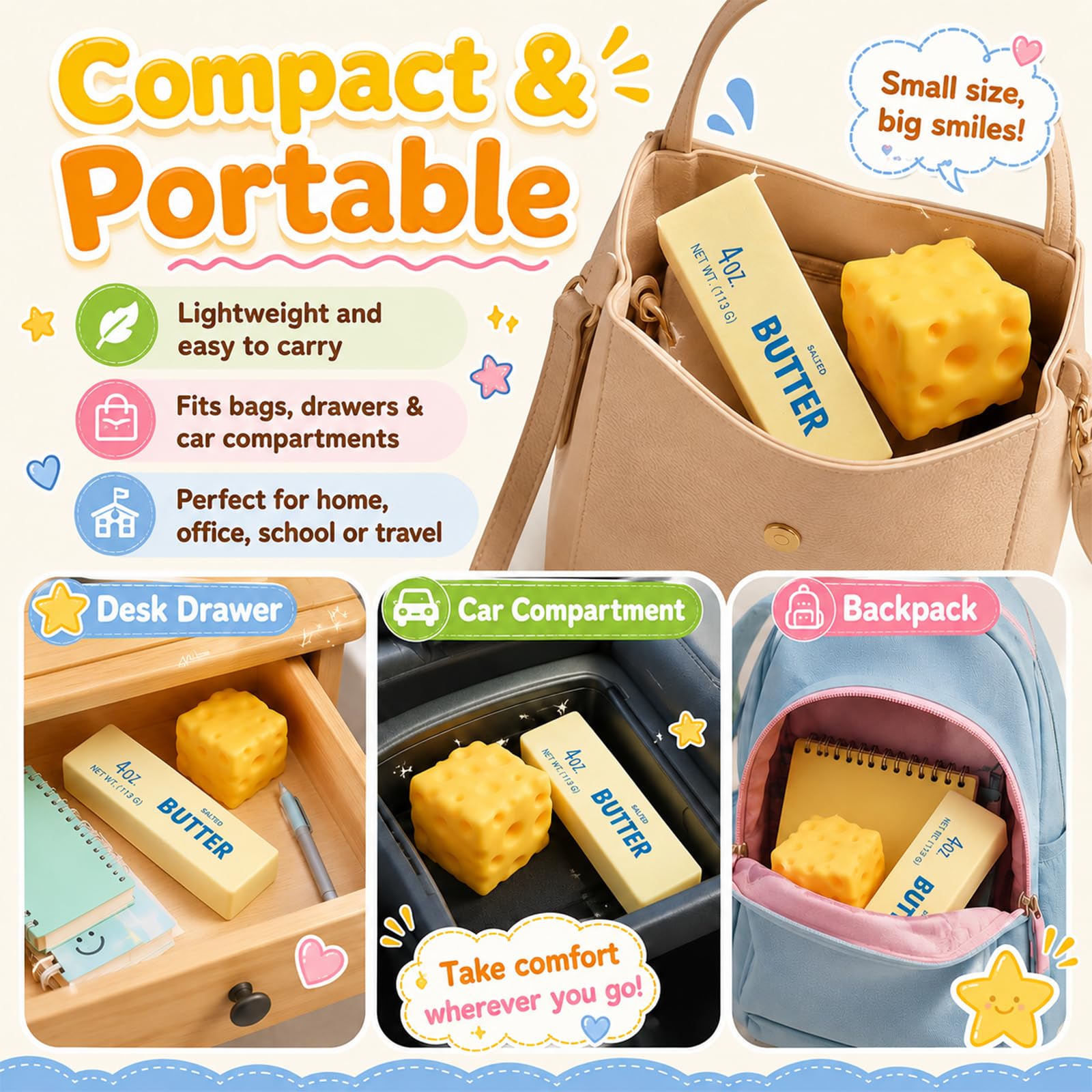 Cheese Butter Squishy Antistress 2 Pezzi, Squishy Formaggio e Burro, Squeeze Toy Giocattoli, Sensoriali Fidget Toy per Bambini e Adulti, Palla Antistress Regalo Divertente (A)