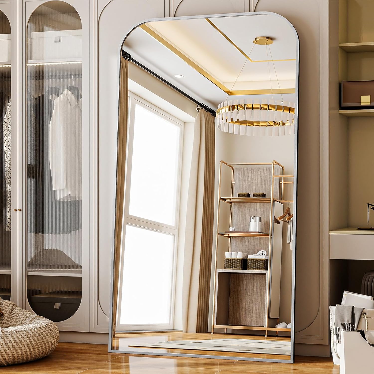 Full Length Mirror 81"x41" Arched Floor Standing Large Mirrors Full Body Mirror with Stand - with Aluminum Frame for Bedroom Living Room, Silver