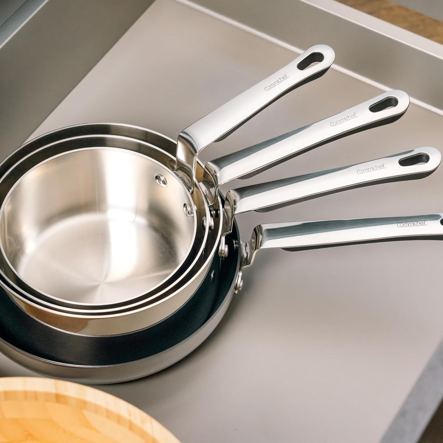 4-Piece Cookware Set, Includes 16/18/20 cm Saucepans & 24 cm Frying Pan, Stackable Design, Tri-Ply Steel & Aluminium