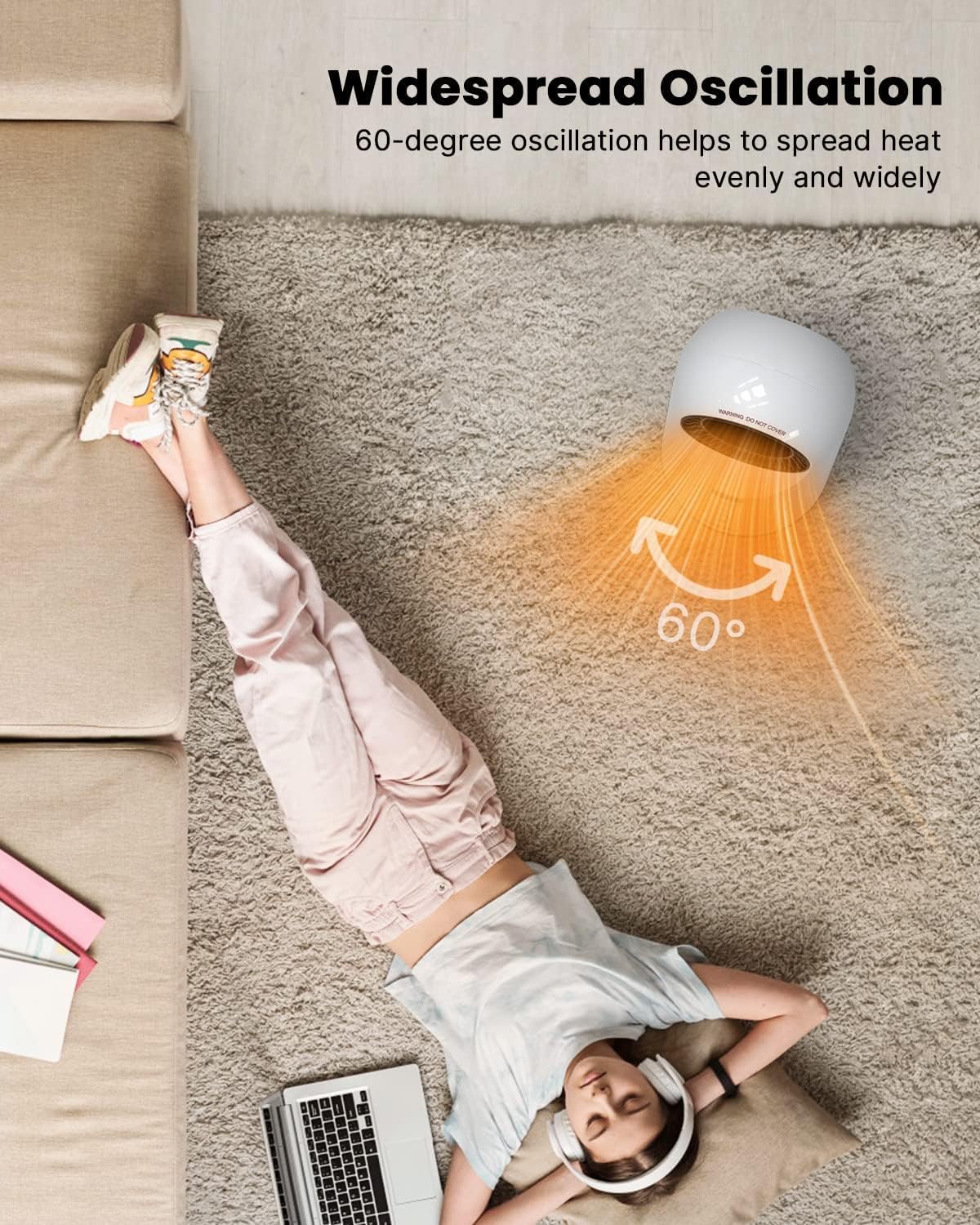 Image showing the iDOO heater oscillating 60 degrees to spread heat