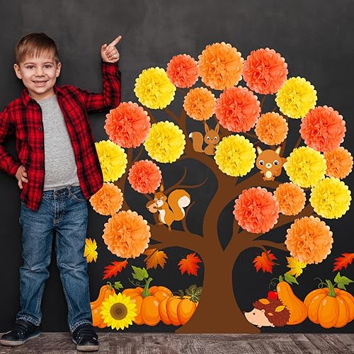 Miniatura 5 de Juego de tablones de anuncios de árbol de Acción de Gracias, decoración para el aula, otoño, recortes de árbol de Acción de Gracias 3D con pompones