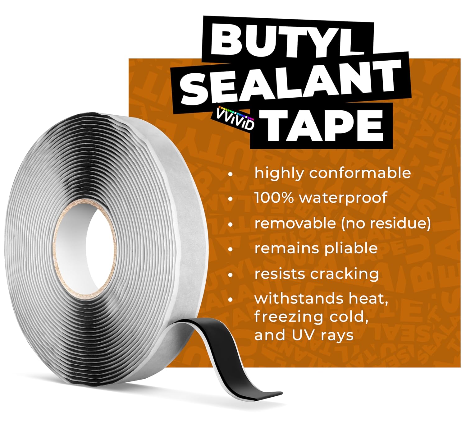 VViViD Premium Butyl Sealant Tape, Durable Rubber Sealer, Waterproof, Weatherproof, Noise & Vibration Reduction, Black 1” Wide (37ft)