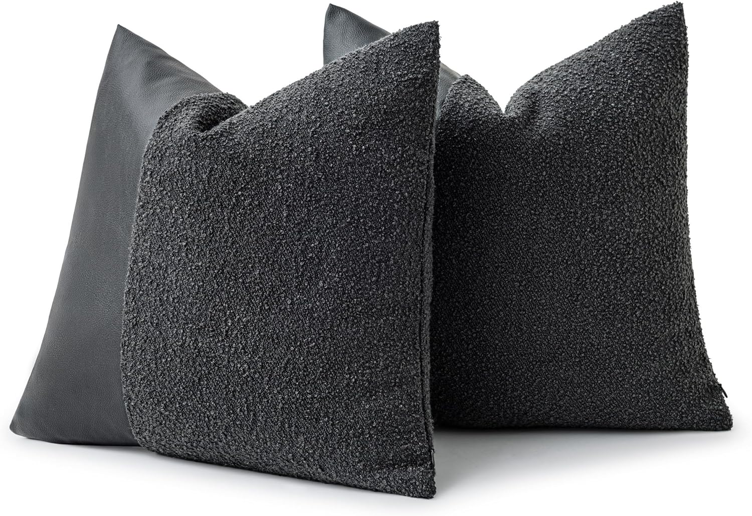 Set of 2 Fluffy Boucle Pillow Covers 18"x18", Charcoal Black Textured Throw Pillow Covers with Faux Leather Accents, Boho Decorative Pillow Cases for Couch, Bed, or Farmhouse Home Decor - Image 5