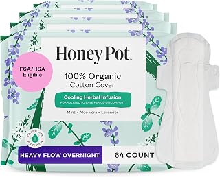 The Honey Pot Company - 64ct - Herbal Sanitary Pads for Women - Heavy Flow Overnight w/Wings - Infused w/Essential Oils for Cooling Effect & Organic Cotton Cover - Feminine Care