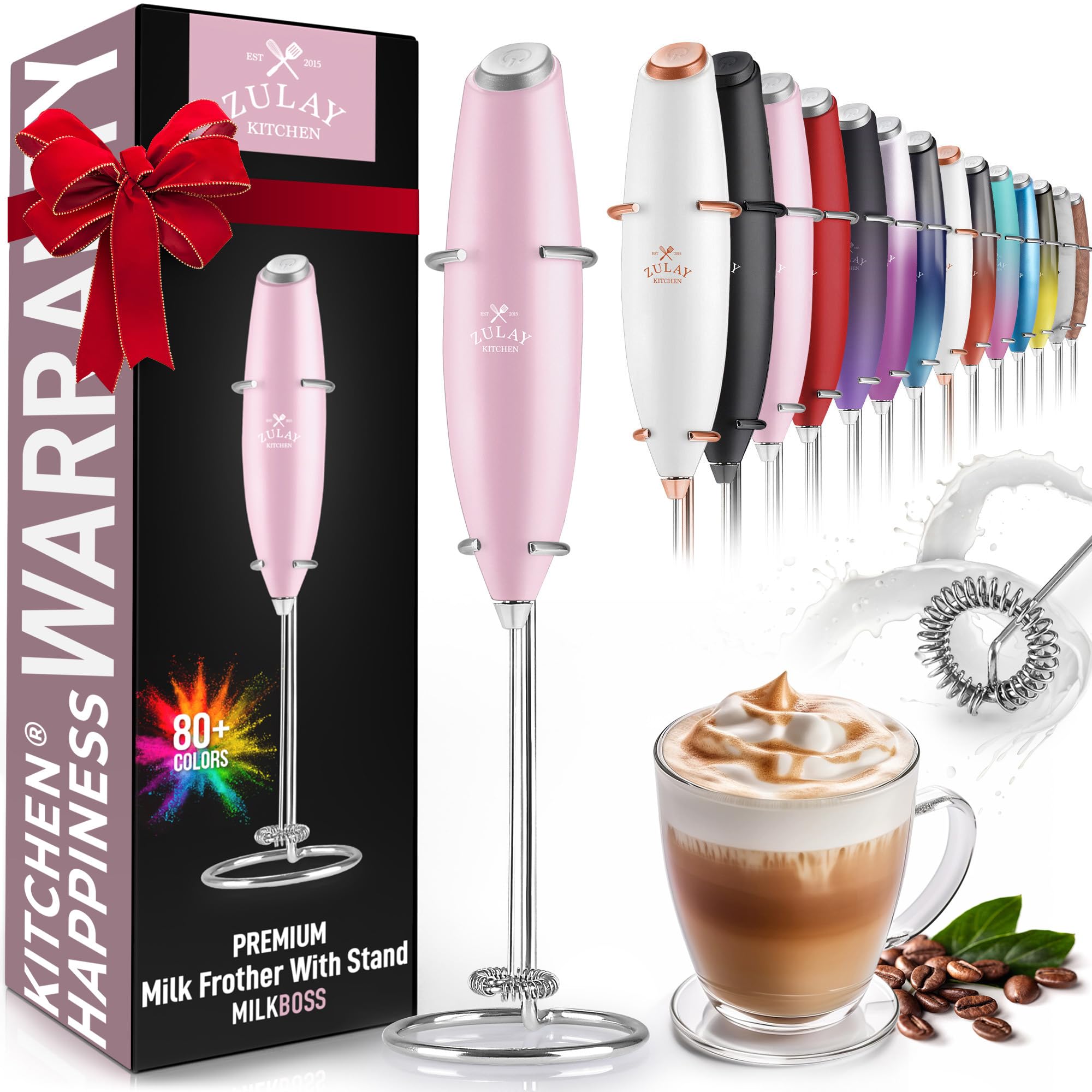 Zulay Powerful Milk Frother for Coffee with Upgraded Titanium Motor - Handheld Electric Whisk, Milk Foamer, Mini Mixer &amp; Coffee Blender for Frappe, Latte, Matcha, No Stand - Innocent Pink