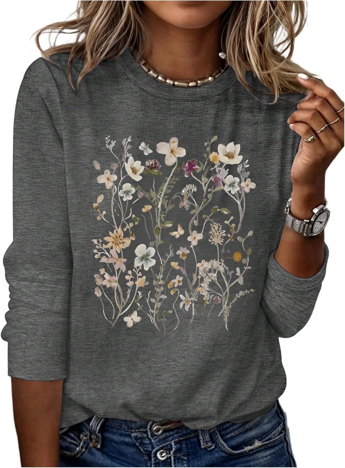 SHENHE Women's Long Sleeve Floral Graphic Tee Crew Neck Vintage Boho Wild Flower Fall Shirt Top