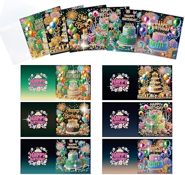 MVVMTOP 6pcs Diamond Art Painting Greeting Card, DIY Birthday Cake and Gifts Diamond Art Greeting Card for Blessing and Wishe Special Shaped Diamond Arts Crafts for Birthday Day Gift