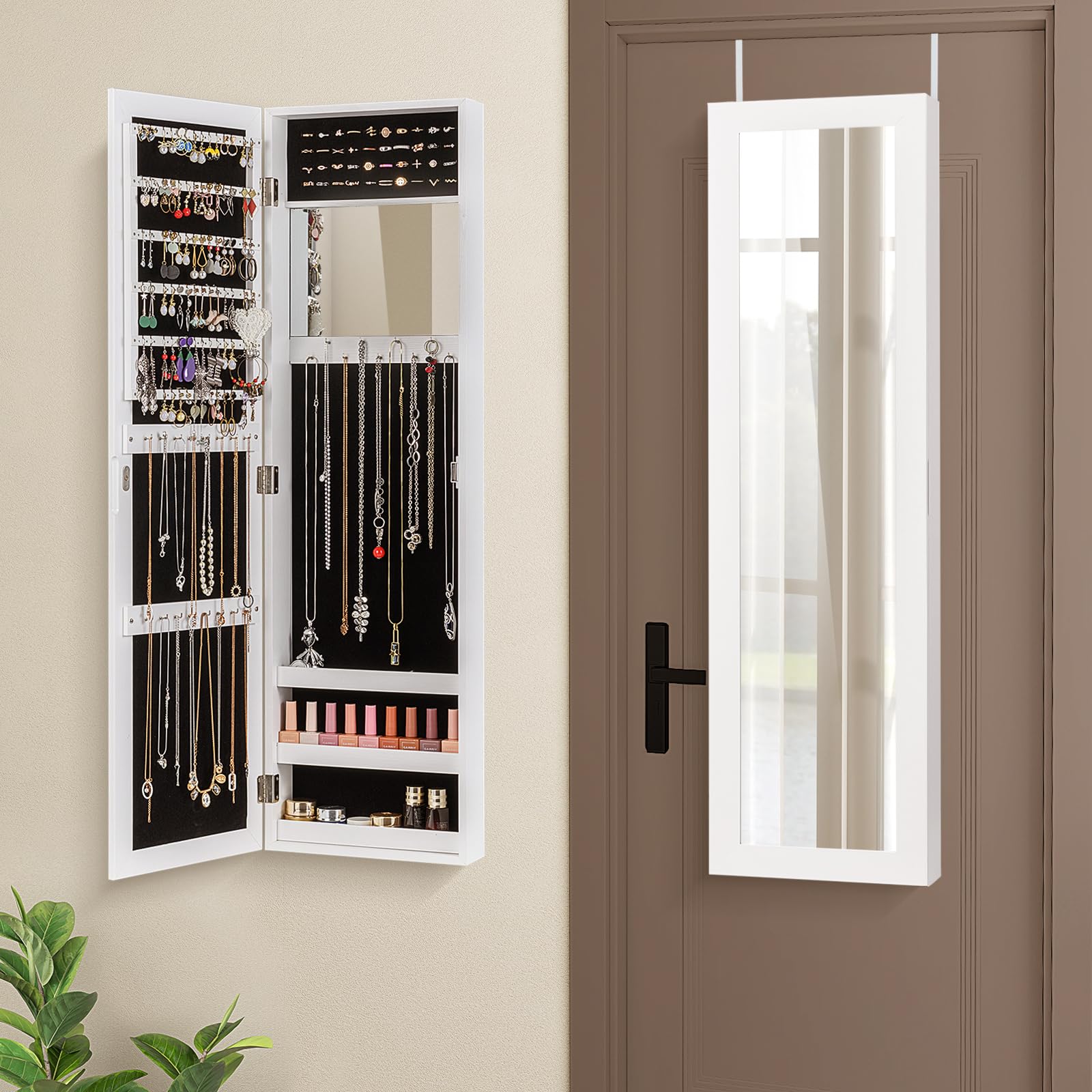 GOPLUS Armoire à Bijoux Mural avec Miroir et 3 Niveaux d’Étagère Intégrée, Armoire de Rangement Cosmétiques Accrochée à la Porte avec Divers Compartiments, Convient pour Salon,Chambre (Blanc)