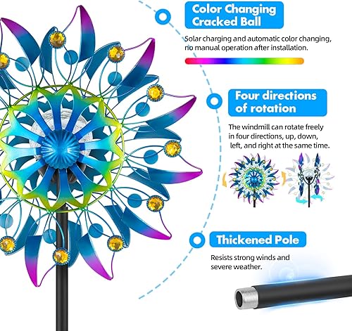 Miniatura 2 de Molinillo de viento solar, escultura de viento de metal impermeable para exteriores, decoración de patio, césped y jardín (hilandero de hojas)