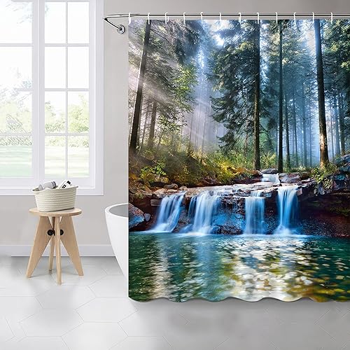 Miniatura 4 de Cortinas de ducha con diseño de cascadas, para exteriores, paisajes naturales, bosque, sol, árboles, plantas, paisaje, patio, decoración de baño,