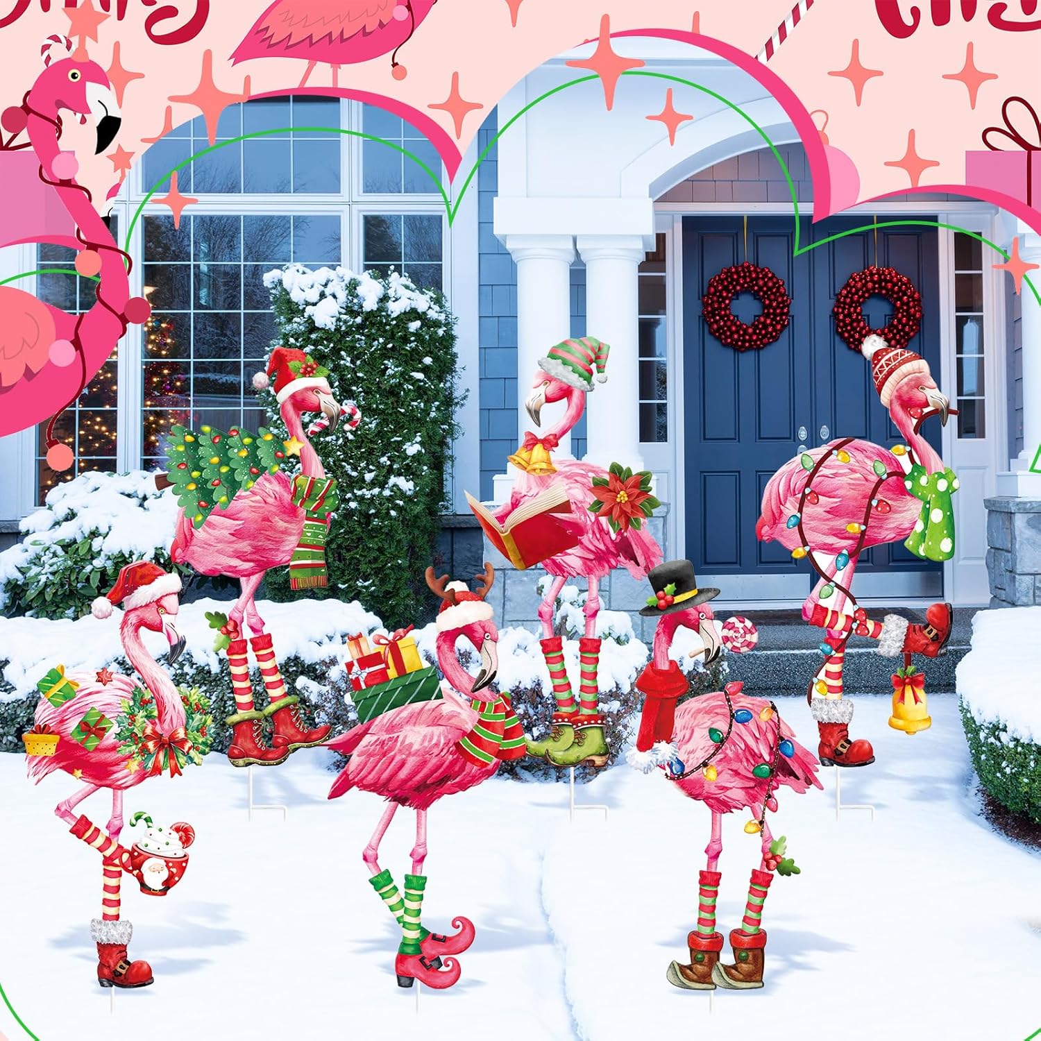 MorningRo 6 Pack Metal Christmas Flamingo Yard Decorations Sturdy Weatherproof Pink Flamingo Yard Stakes for Christmas Event Decoration Outdoor Yard Garden Holiday Winter Decor