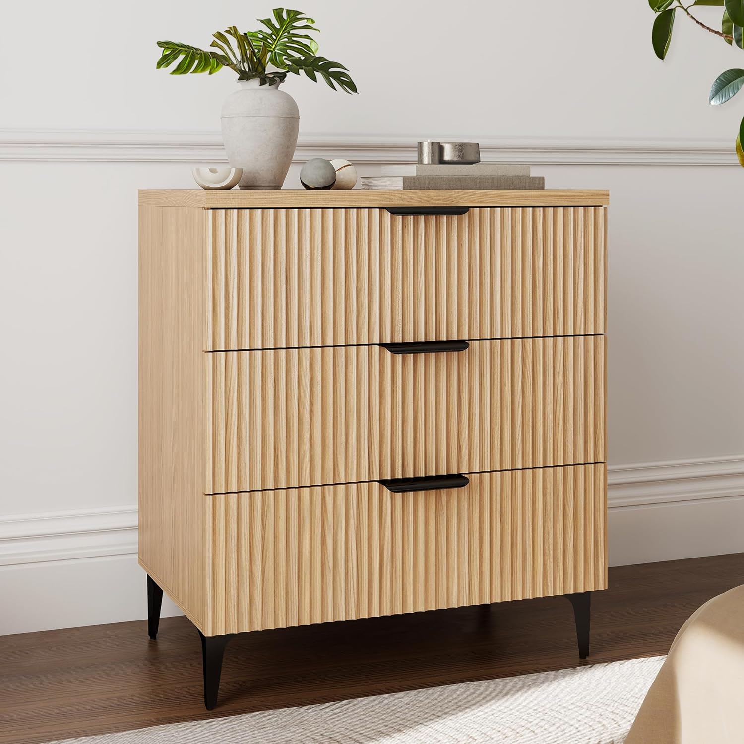 SUNWAVE Black Fluted Nightstand Set of 2, Modern Night Stands with 2 Drawers, Bedside Table for Twin/Full/Queen Bed, End Table with Robot-Friendly Metal Legs for Bedroom, Living Room