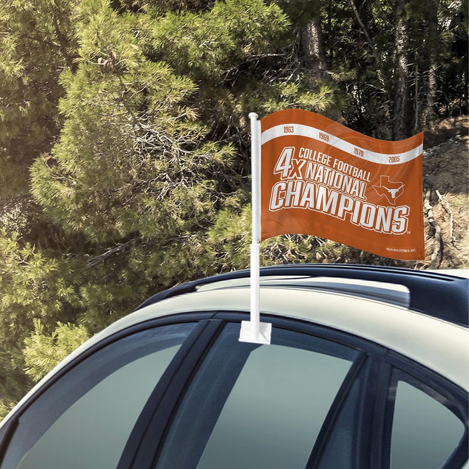 Rico Industries NCAA Texas Longhorns Champ Double Sided Double Sided Car Flag - 16" x 19" - Strong Pole That Hooks onto Car/Truck/Automobile