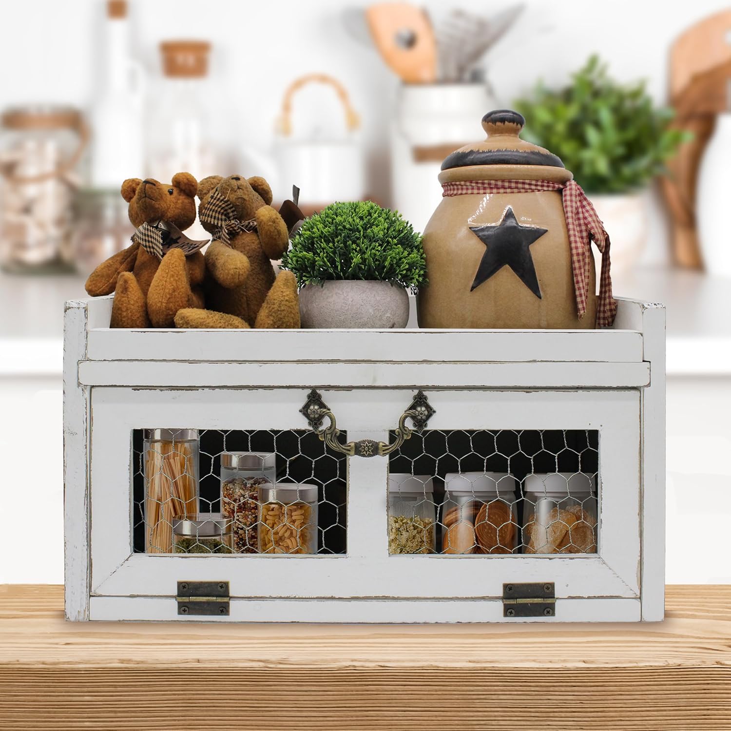 Farmhouse Countertop Storage Organizer, Rustic Wood Kitchen Cabinet with Chicken Wire, Kitchen Pantry Display Shelf, Country Vintage Style. Distress White