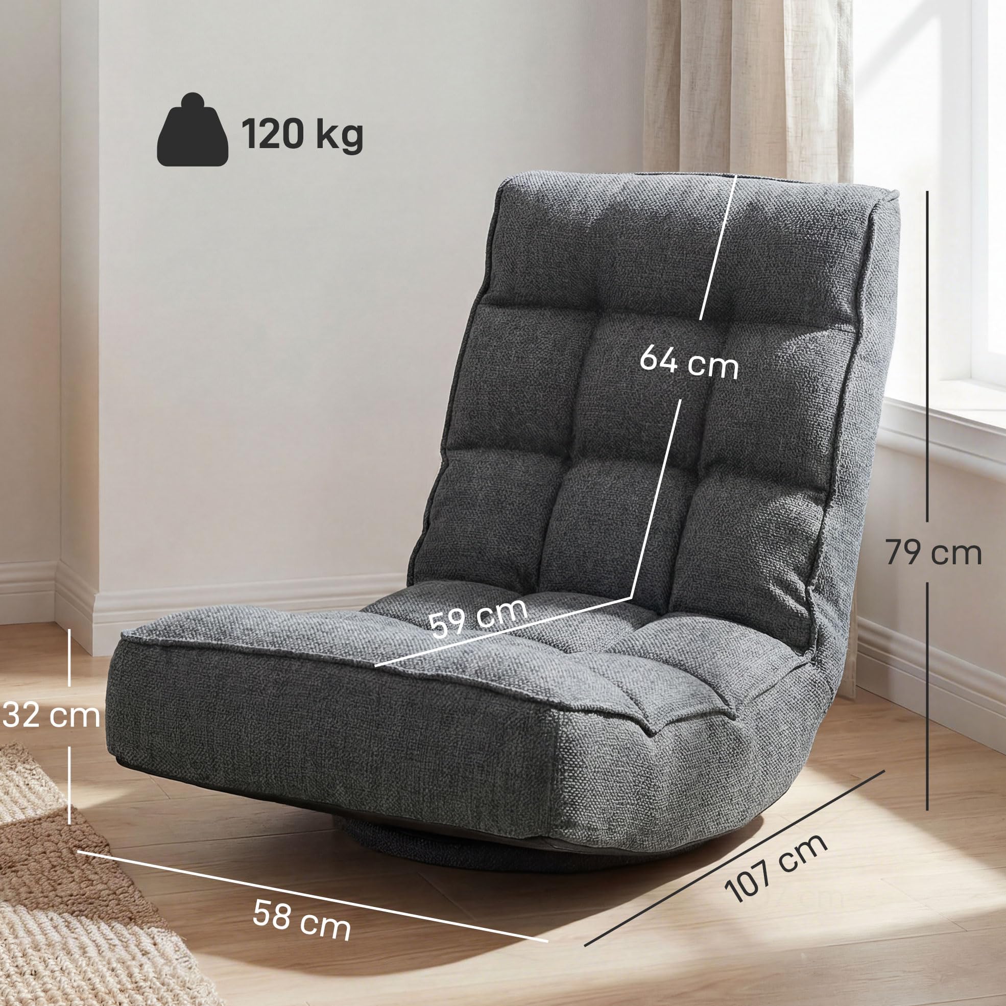HOMCOM Silla de Suelo Plegable, Silla de Lectura Giratoria 360° con Respaldo Ajustable en 5 Posiciones, Sofá de Suelo de Lino y Acolchado, para Meditación y Gaming, 58x107x79 cm, Gris