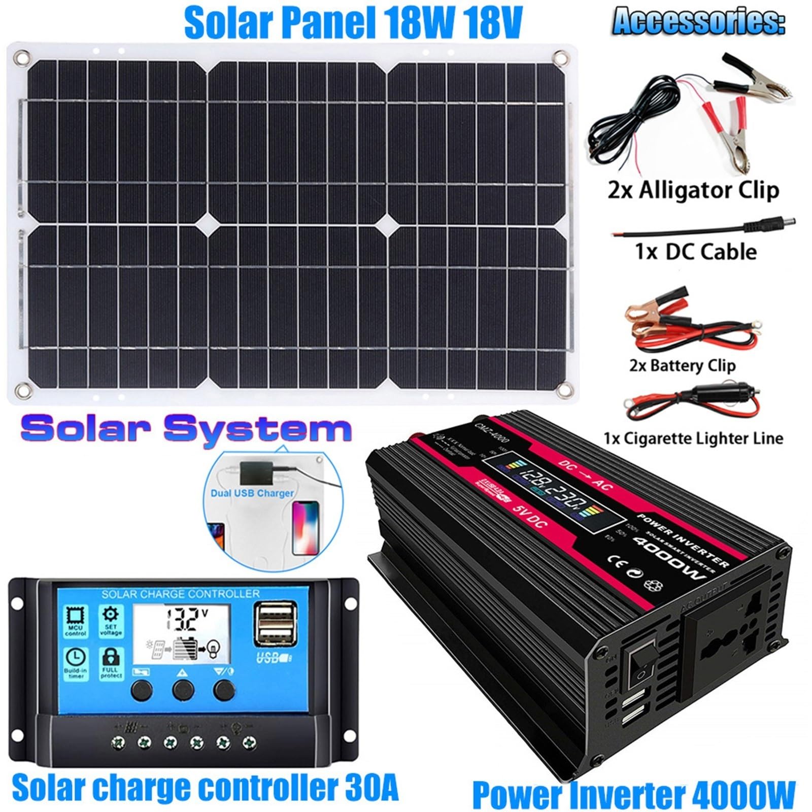 Kit Solaire 110V/220V 4000W Pour La Maison Système D'alimentation Solaire Complet Onduleur 4000W Et Contrôleur 30A + Panneau Solaire 18W18V Kits De Panneaux Solaires Complets Pour Camping-cars(Black,1