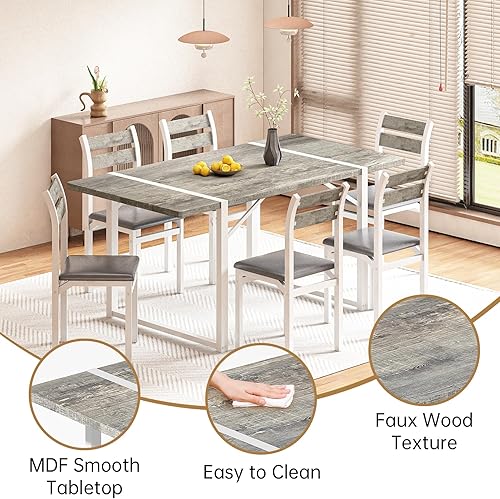 Vista 4 de Recaceik Juego de mesa de comedor de 7 piezas con 6 sillas, mesa de cocina de madera de 55 pulgadas y sillas para 4-6, mesa de comedor y sillas